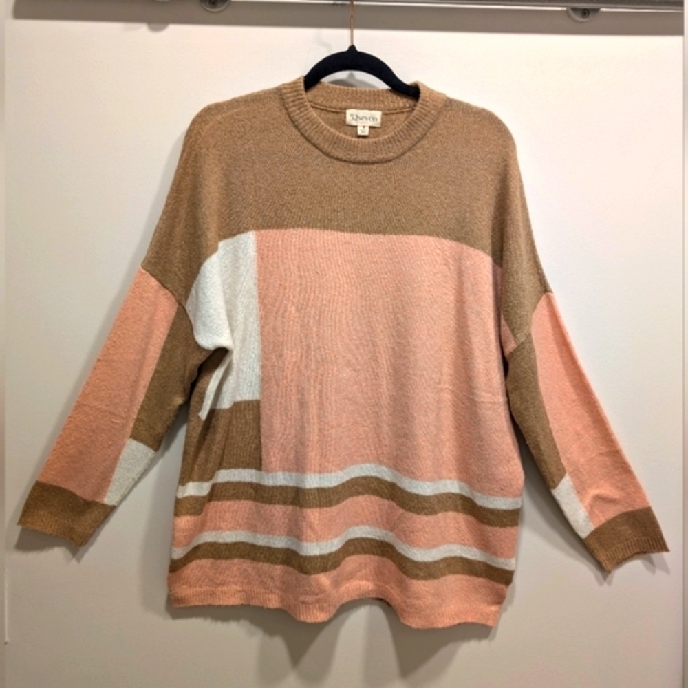 Tan Pink White Colorblock Cozy Knit Sweater Casual Oversized Size Medium
